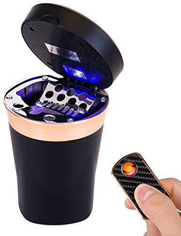 FMS Tragbare Auto Solar Aschenbecher mit deckel und blauer LED Licht mit Zigarettenanzünder und USB Aufladbar Abziehbar für Getränkehalter (Schwarz)