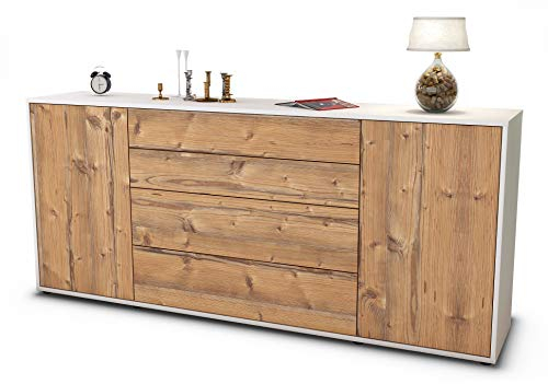 Stil.Zeit Sideboard Elettra, Korpus Weiss matt, Front Holz-Design Pinie (180x79x35cm) Push-to-Open Technik & Leichtlaufschienen
