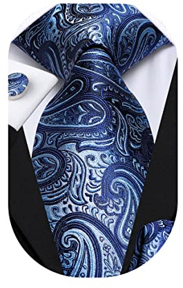 Dubulle Mens Navy Blue Paisley Ties Silk Necktie for Men Pocket Square Cufflinks Formal Suit Business Wedding