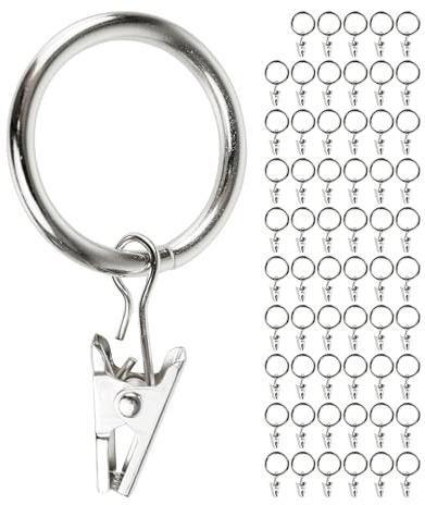 Gardinklämmor med Ringar, 60 stycken, i Silverfärg, Ø 32 mm utvändigt, Ø 25 mm invändigt, gardinringar klämkrokar, gardinklämmor dragringar, multifunktionell krokklämma, hållare för duschdraperi