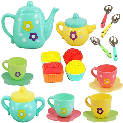 Xwin Kids Tea Set - 22Pcs Pretend Play Tea Party Set with Teapot, Cups, Plates, Spoons and Desserts - Washable BPA-Free Tea Toy for Girls Ages 3+ Years