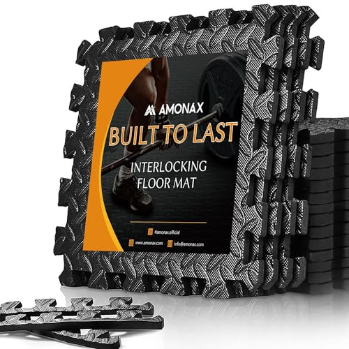 Amonax Gym Flooring Mats, Eva Foam Exercise Mat, 60cm X 60cm Large Interlocking Floor Mats, Thick Heavy Duty Garage Floor Tiles Exercise Equipment Mat, Puzzle Floor Mats (Black I 16 TILES (64 SQ FT))