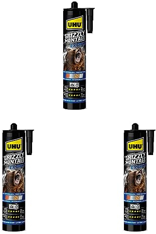 UHU GRIZZLY Montagekleber Extreme Kartusche, Superstarker und schneller Montagekleber mit hoher Anfangshaftung und hoher Endfestigkeit für den Innen- und Außenbereich, weiß, 440g (Packung mit 3)