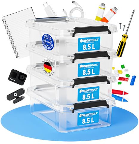 ATHLON TOOLS 4x 8.5 L Aufbewahrungsboxen mit Deckel, lebensmittelecht - Verschlussclips - 100% Neumaterial DIN A4 Plastik-Box transparent - Schuhboxen stapelbar