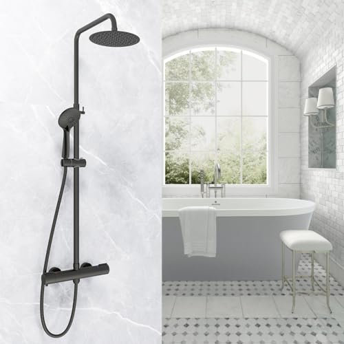 Colonna Doccia, OCEAN ITALY, Doccia Rubinetteria con Miscelatore Termostatico, Asta Regolabile73-117cm, Soffione Doccia Tondo Acciaio Inox da 20cm con Rubinetto 40mm per Box Doccia, Nero