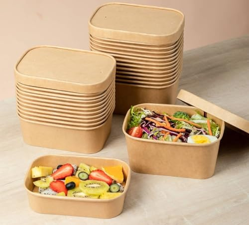 HOT BARGAINS 500ml Kraft Paper Food Containers With Paper Lids, Rectangular Takeaway Boxes for Restaurant, Food Service, 50 Pack