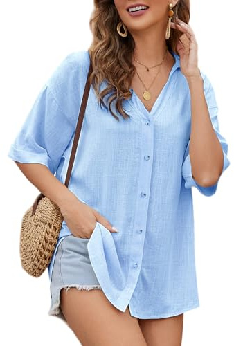 Niwicee T Shirt Femme Chemise Élégante À Manches Courtes, Blouse pour Le Bureau, Haut Décontracté, Femmes Blouse d'été,Chemise Elégant Bouton Col en V Tops T-Shirt-Bleu-M