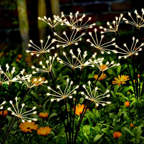 Solar Garden Lights 2 Pack Twinkling Solar Firework Lights with 2 Modes 120LED, Solar-Powered Light for Outside Yard Pathway Garden Decor Outdoor Waterproof, Gardening Gifts for Women Mothers Day,Warm