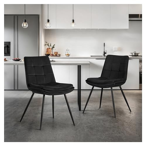 STOOLINK Sedie Sala da Pranzo Set di 2, Sedie da Pranzo Imbottita Moderna in Velluto, Sedia da Cucina Senza Braccioli Design a Scacchiera per Cucina, Soggiorno - Nero