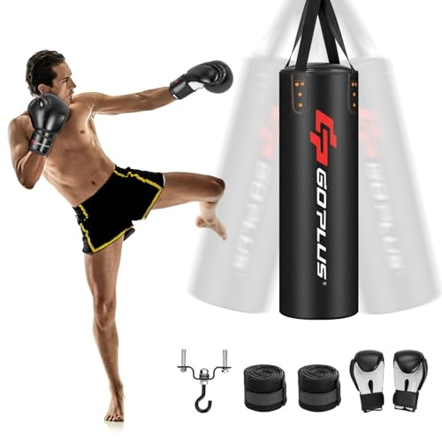 GYMAX Sac de Frappe Suspendu, Punching Ball Vide à Remplir, avec Gants de Boxe, Bandages, Crochet de Plafond, Sac Lourd avec Accessoires pour Kickboxing, MMA, Muay Thai, Karaté, Taekwondo
