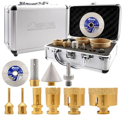 Forets Diamantés SHDIATOOL M14-6-68mm Kit de Mèches à 50mm Chanfrein Diamantées Mèches à Doigts 20mm Adaptateur de Queue Triangulaire 115mm pour Carreaux de Porcelaine et Céramique