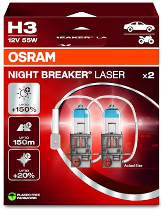 OSRAM NIGHT BREAKER LASER H3, 150% mer ljusstyrka, halogenstrålkastare, 64151NL-2HB, 12V, Hängande hopfällbar låda (2 lampor)