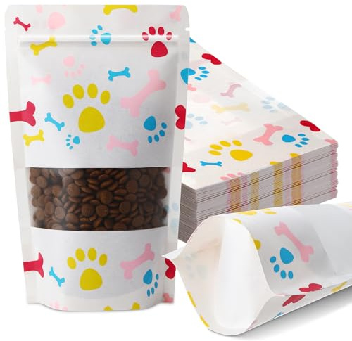 Dunzoom 200 Pcs Paw Dog Treat Bags Puppy Party Favor 4.7 x 7.9 Paw Gift Bag Resealable Stand up Kraft Paper Zipper Pouch Dogs Packaging for Homemade Treats, Food-safe Material