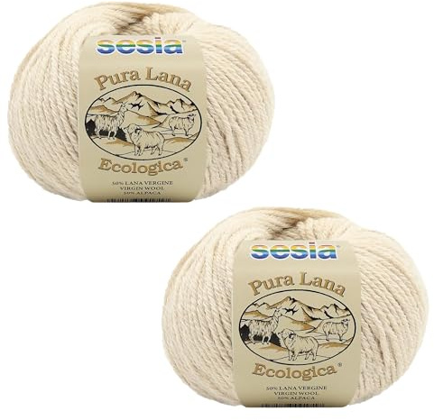 2 Ovillos Lana Ecológica Sesia, 50% Lana 50% Alpaca 170 g/100 m, agujas de tejer 5-5.5 (2, Natural - 0052)