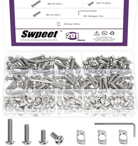 Swpeet 201 Pièces Kit d'Assortiment d'Écrous à Griffes (T-Nuts) et Vis M5 Nickelé avec Clé Hexagonale, Boulons à Tête Bombée/Cylindrique à Six Pans Creux M5×12/16/20, Profilés Aluminium Série 2020