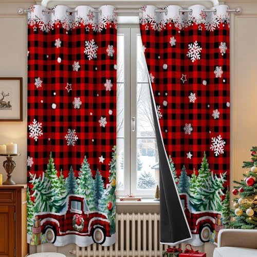 cusugbaso Christmas Curtains 84 Inches Long, Red Plaid Truck Living Room Curtains Room Darkening, Xmas Decor for Home, Noise Reduce Winter Drapes with Grommet for Bedroom, Bathroom, 2 Panels