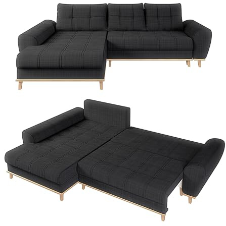 Modernes Ecksofa im Scandi-Stil B268/T175/H86 cm mit Schlaffunktion, Bettkasten, Ottomane links, Füße und umlaufender Blende aus Massivholz, mit weichem Bouclé Chenille Stoff in Anthrazit / 21012
