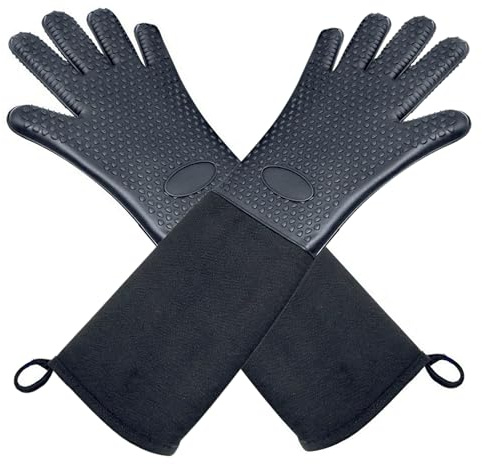 Extra Long Silicone Oven Gloves Heat Resistant Silicone Oven Mitts BBQ Gloves Waterproof Kitchen Gloves for Kitchen Cooking Dessert Making BBQ, Non-Slip Oven Gloves with Fingers, Black, 50cm