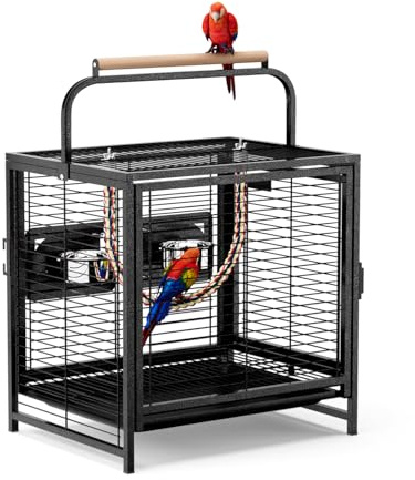 LEADZM Vogelkäfig für Wellensittiche und Papageien, Tragbarer Transportkäfig mit Holzgriff, Robuster Eisenkäfig mit Abnehmbarer Wanne, 65 x 48 x 37 cm