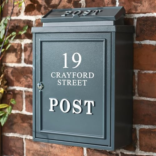Personalised Grey Oxford Wall Mounted Post Box with Silver Text - Traditional Style Secure Mailbox for Home or Office Outdoor Use Decorative Wall Mounted Organiser Stylish Front Door Accent