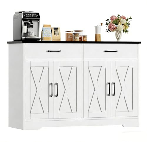 HOCSOK Aparador de 120 cm de Ancho, Armario de Cocina con encimeras, Armario de Cocina Buffet con 2 cajones y 4 Puertas, salón, Cocina, Pasillo (Blanco y Negro)