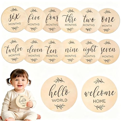 Foverin Wooden Milestone Cards for Newborn Baby Photo Props, 12Pcs Monthly Growth Cards, Natural Wood Reusable Keepsake for Memory Keeping Registry Gift