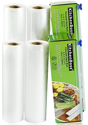 KitchenBoss Bolsas Vacío para Alimentos Profesionales 4 Rolls 20x500 y 28x500cm con 2 Caja de Corte (No Más Tijeras) para Almacenaje de Alimentos, Sous Vide Cocina, BPA Free