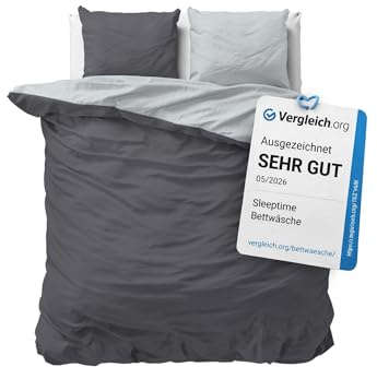 Sleeptime Bettwäsche 200x220 3-teilig - 100% Baumwolle - 1x Bettbezug 200x220 cm + 2X Kissenbezug 60x70 cm - Oeko-TEX®, Knopfverschlüsse, pflegeleicht - atmungsaktiv & hautfreundlich - Anthrazit Grau