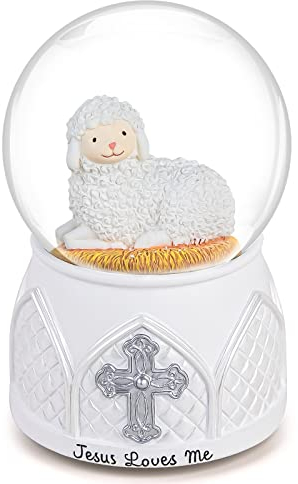 Mr.Winder Jesus Loves Me Snow Globe, Jesus White Lamb Baptism Music Box, Religious Gift for Pastors Girls Wife Girlfriends Friends Easter Birthday Present
