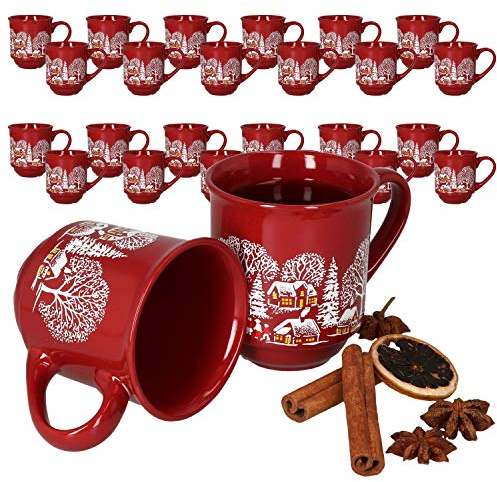 MamboCat 36er Set Glühweinbecher 0,2L mit Eichstrich I Klassische Weihnachtsmarkt Tasse mit Wintermotiv I Glühweintassen mit Henkel I Grosspackung Profi Gastronomiebedarf Becher aus Keramik rot