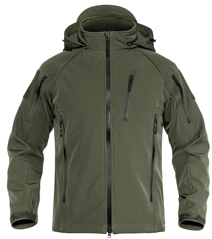 TACVASEN Men's Tactical Jacket Waterproof Softshell Lightweight Windbreaker Hoodie Winter Fleece Rain Coat Travel Ski Green