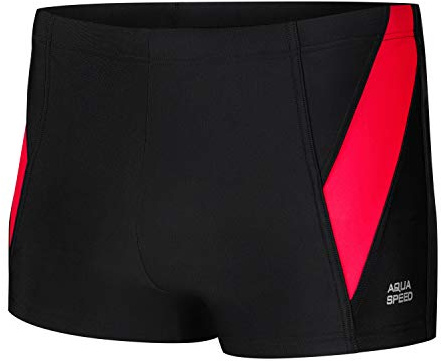 Aqua Speed Enge UV Badehose + gratis eBook | Kastenbadehose Kordel | Moderne Schwimmhose | Schwimmbekleidung kurz Schwarz Rot | Gr. M | Logan