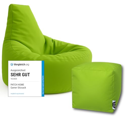 PATCH HOME Patchhome Gamer Cushion Lounge Cushion Bean Bag Chair Seat Cushion Bean Bag + Cube / Stool with Zip Already Filled (Kiwi Green, XXL - Diameter 80 cm Armchair + 35 x 35 cm Cube)