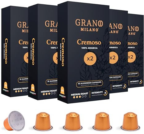 Grano Milano Cremoso Coffee Capsules - 100 Aluminium Coffee Pods Compatible with Nespresso Original line,100% Arabica Medium Roast - Intensity 8/12, Made in Italy