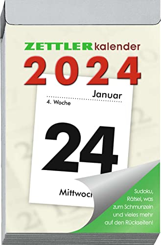 ZETTLER Tagesabreißkalender L 2024, im Format 6,6 x 9,9 cm, Bürokalender mit Wochenzählung und spannenden Rezepten und Räseln auf der Rückseite