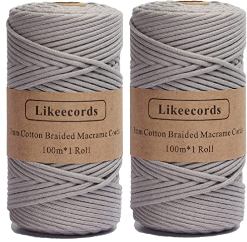 Likeecords Braided Cotton Cord, 2 x 100m, 3mm, Ideal for Macrame Crafts, Knitting, Plant Hangers & More (Gray)