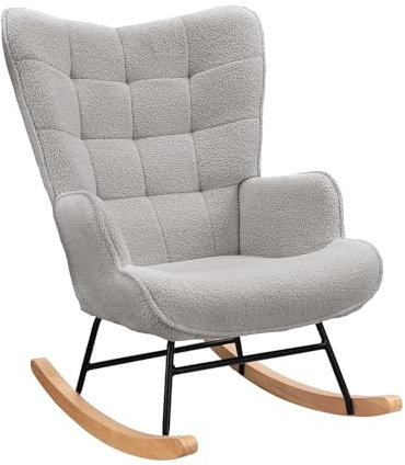 Lazyspace Schaukelstuhl Relaxsessel Stillsessel Schaukelsessel Wohnzimmersessel Schwingsessel mit Metallgestell und Holzsockel, Belastbarkeit Bis 130 Kg, Teddystoff, Hellgrau, 75 x 68 x 92 cm