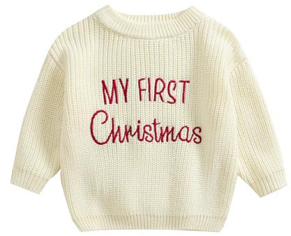 HodJIU Maglione Natalizio per Neonati Maschi e Femmine a Maniche Lunghe Maglione Lavorato a Maglia Pullover Neonato My First Christmas Abbigliamento Invernale Maglieria Top Natale, Beige, 12 mesi