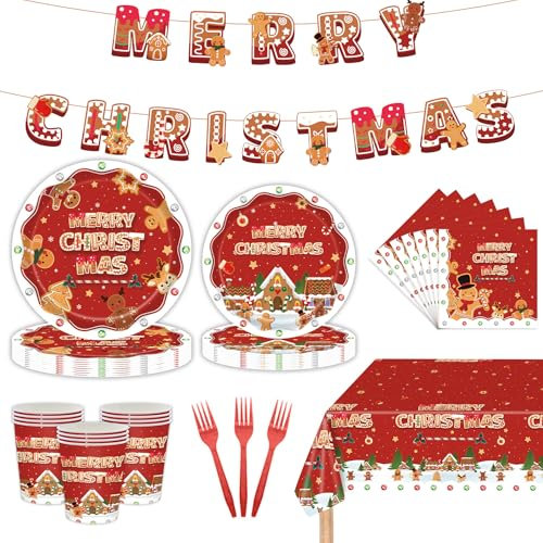 Mainiusi Vaisselle de Noel 86 Pièces, Vaisselle Jetable Noel Fête, Vaisselle Fête Noël, Assiette Noel, Assiette à Dessert, Tasses, Fourchette, Serviettes, Nappe, Bannière pour Decoration Noël (Rouge)