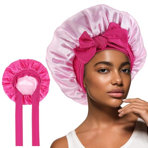 Abeillo Seidenhaube zum Schlafen, Doppellagige Satin Schlafhaube mit Bindeband, Nachtmütze Haarhaube, Wendbare Satin Schlafkappe für Damen und Mädchen Lockiges Haar, Zopf (Knallpink+Rosa)