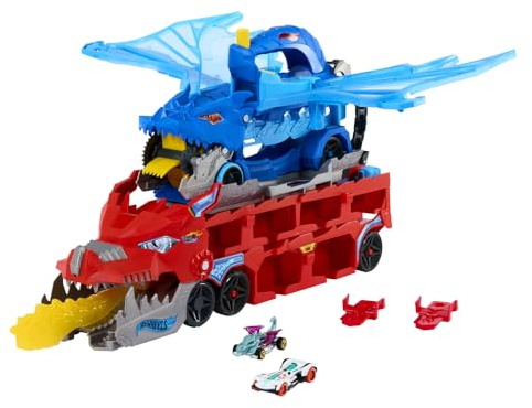 ​Hot Wheels City Toy Car Track Set, Ultimate Dual Dragon Transporter & 2 Die-Cast Cars, Large-Scale Dragon & Detachable Dragon, Stores 20+ Vehicles