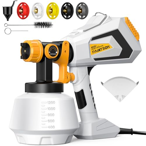 Paint Sprayer-700W HVLP Electric-Spray-Paint-Gun, 1200ml High Capacity Container Easy to Clean, 5 Brass Nozzles and 3 Patterns, for Furniture, Cabinets, Fence, Walls, Door, Garden Chairs etc