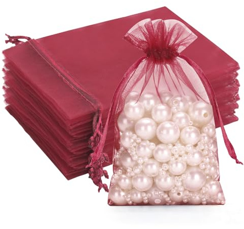 G2PLUS Burgundy Organza Gift Pouches 10x15 cm: Medium Favor Bags, 50 PCS | Wedding Jewelry Bags, Clear Mesh Pouches Perfect for Wedding, Christmas, Birthday, Anniversary