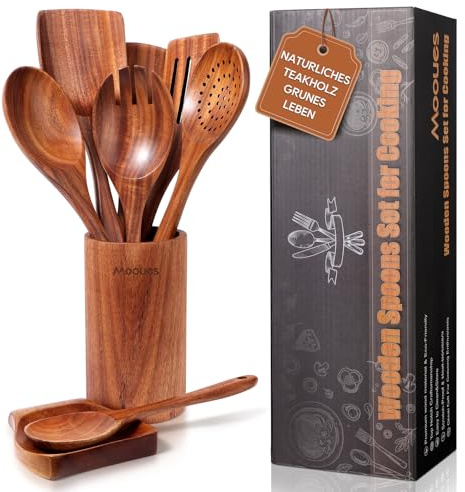 Mooues Kochlöffel Holz Set aus natürliches Teakholz, 9 Stück Küchenhelfer Set mit Halter, Holzlöffel, Pfannenwender, Salatbesteck und weitere Küchenutensilien, Hochwertig und Nachhaltig