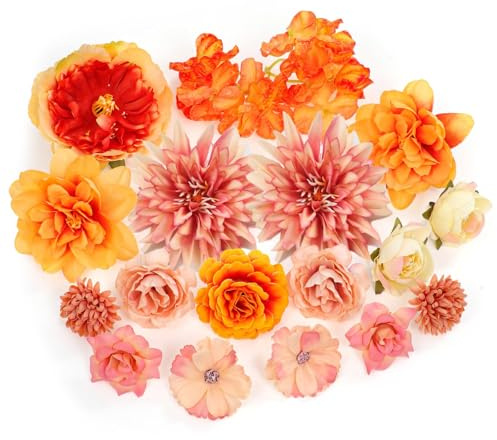JOOTUEPO 17 flores artificiales, decoración de cabezas de flores falsas, flores realistas para decoración de pasteles, cabezas de flores naranjas de seda para manualidades, accesorios para el cabello