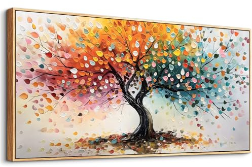 MHARTK66 Färgglada livsträd bilder med ram trä, natur abstrakt rött landskap canvasbild, 60 x 120 cm XXL väggbilder vardagsrum, modern väggdekoration konsttryck sovrum matsal kontor kök