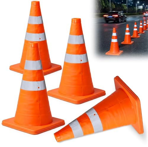 4 Pack 18-inch Foldable Traffic Cones: High Visibility Orange Parking Cones with Reflective Strips and Stable Bases Oxford Fabric Safety Cone for Road Parking Driving Practice