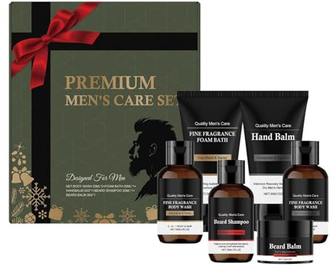 6 st vårdset för män, premium presentset inklusive duschgel, skumande duschgel, handkräm, skäggschampo och skäggbalm. Perfekt som present till män