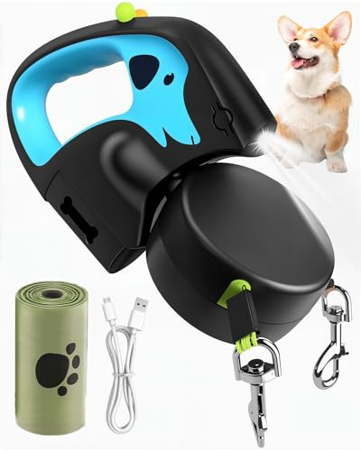 3M Double Dog Lead, 360° No-Tangle Nylon Band & Non-Slip Handle Up to 20kg, Rechargeable Flashlight, One-Touch Lock, Poop Bags & Dispenser for 2 Dogs Walking
