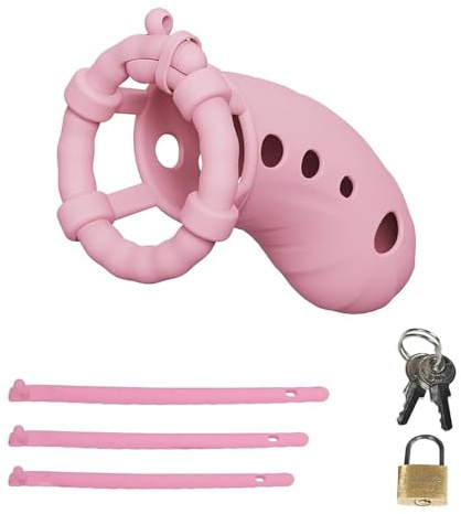 Giocattolo del sesso della gabbia del pene del silicone con 3 anelli di dimensioni diverse ventilato piccolo set di gabbia di castità gabbia del cazzo SM Fetish Bondage per gli uomini (Pink)